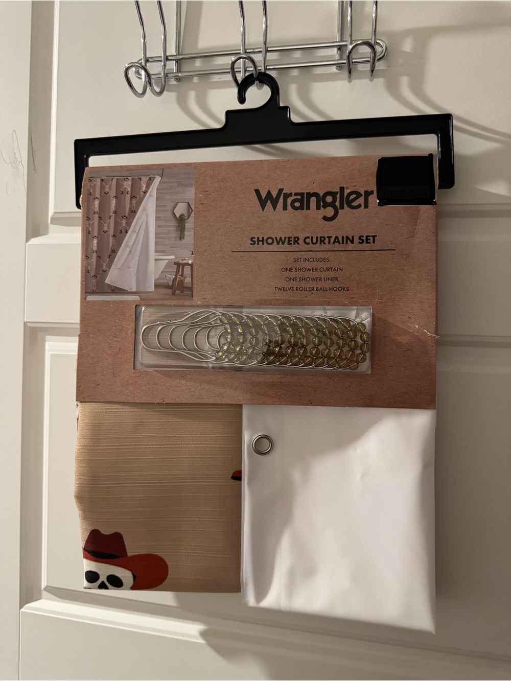 Wrangler White & Tan Shower Curtain Set with Skeleton Cowboy Motif